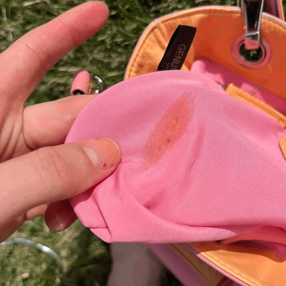 Talbots Y2K Pink Leather Tote Bag w/ Orange Handles Pastel Retro Shoulder Purse - Picture 7 of 7